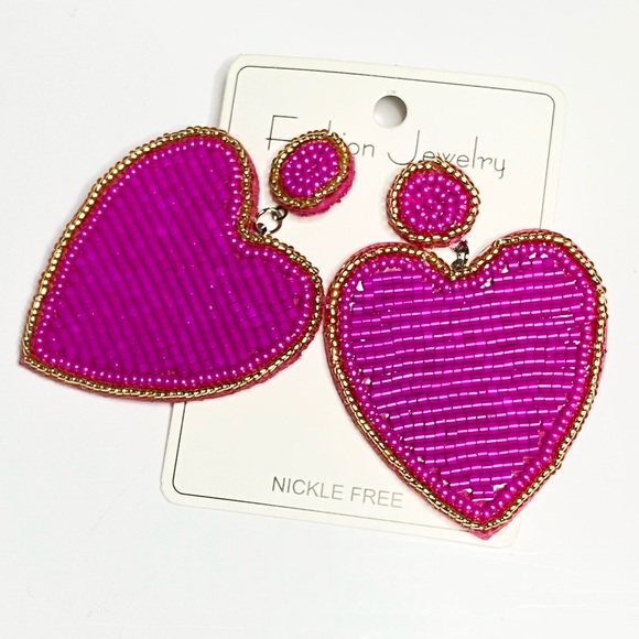 Jewelry - Fuchsia Hot Pink Heart Beaded Earrings